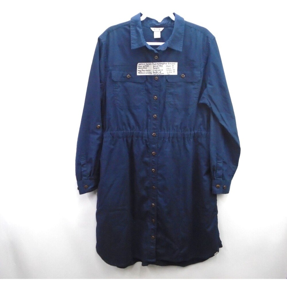 Duluth Trading Hempstop Shirt 53% Hemp Dress XL Blue Cinch Waist Roll Tab Sleeve
